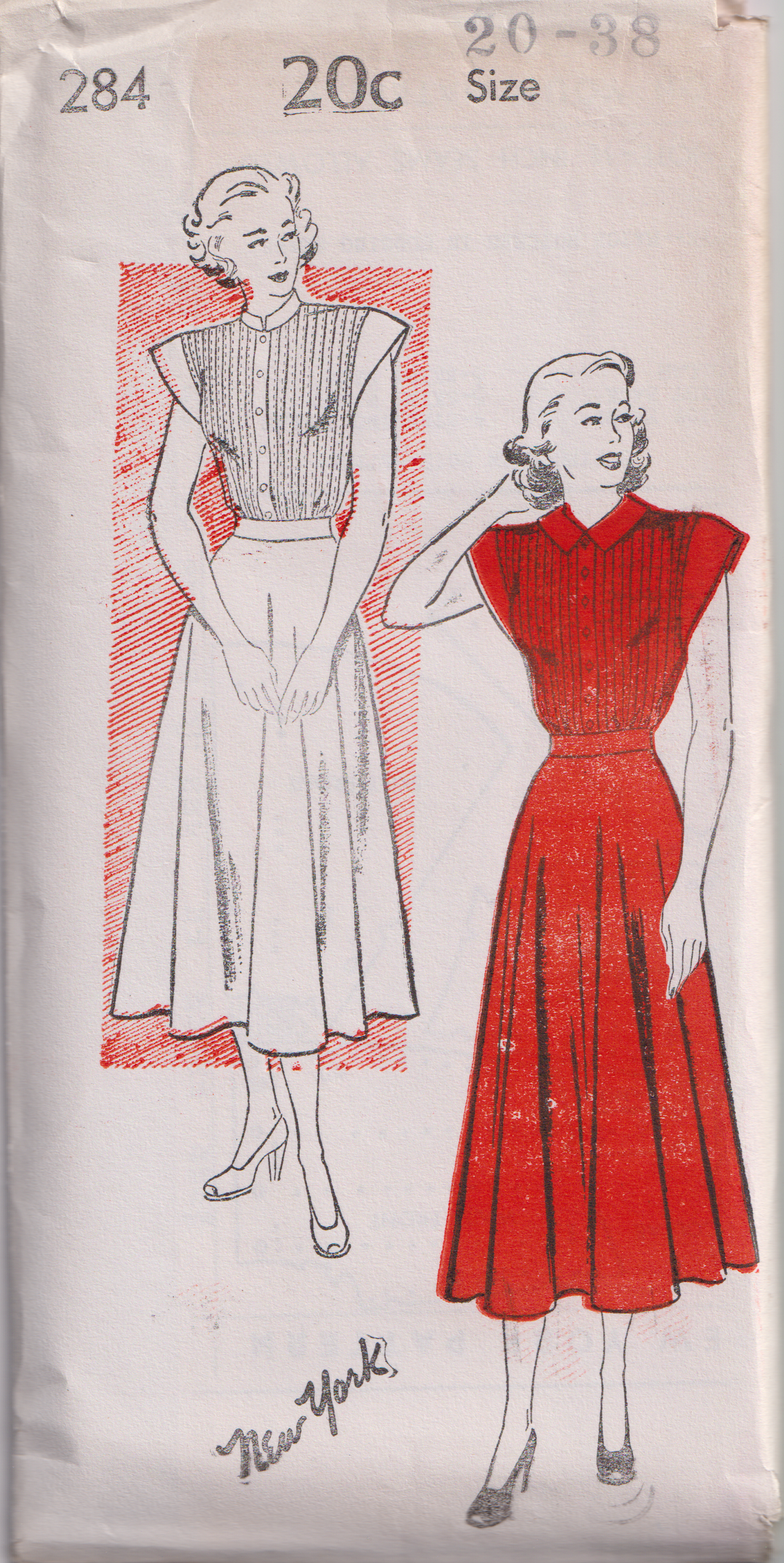 1940's New York Shirtwaist Dress with Pin tucked Front and Back Bodice pattern - Bust 32-38" - No. 284