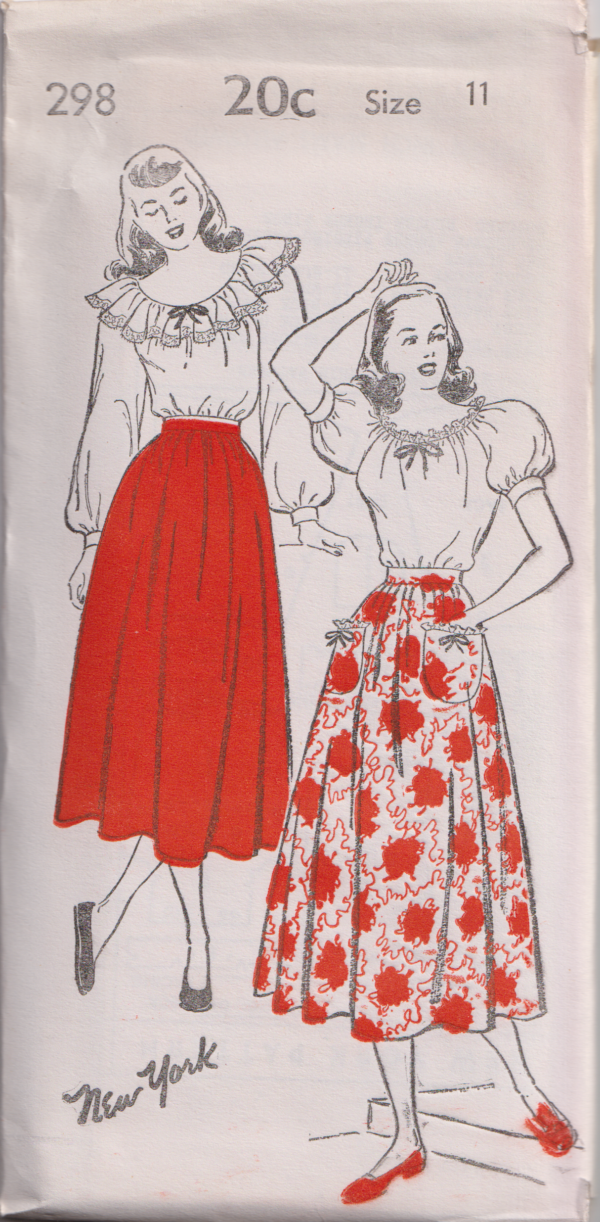 1940's New York Peasant Blouse with Raglan Sleeves and Skirt Pattern - Bust 29-33" - No. 298