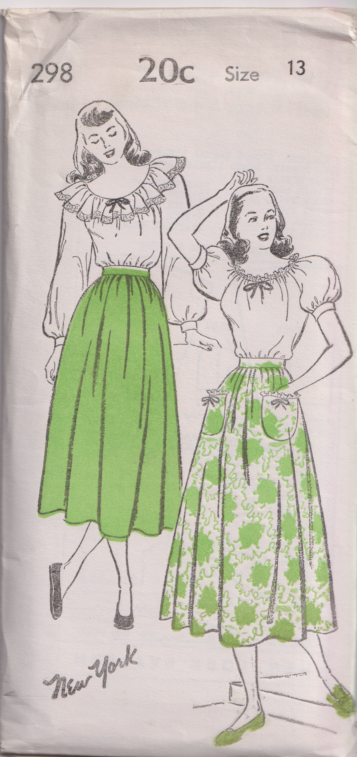 1940's New York Peasant Blouse with Raglan Sleeves and Skirt Pattern - Bust 29-33" - No. 298