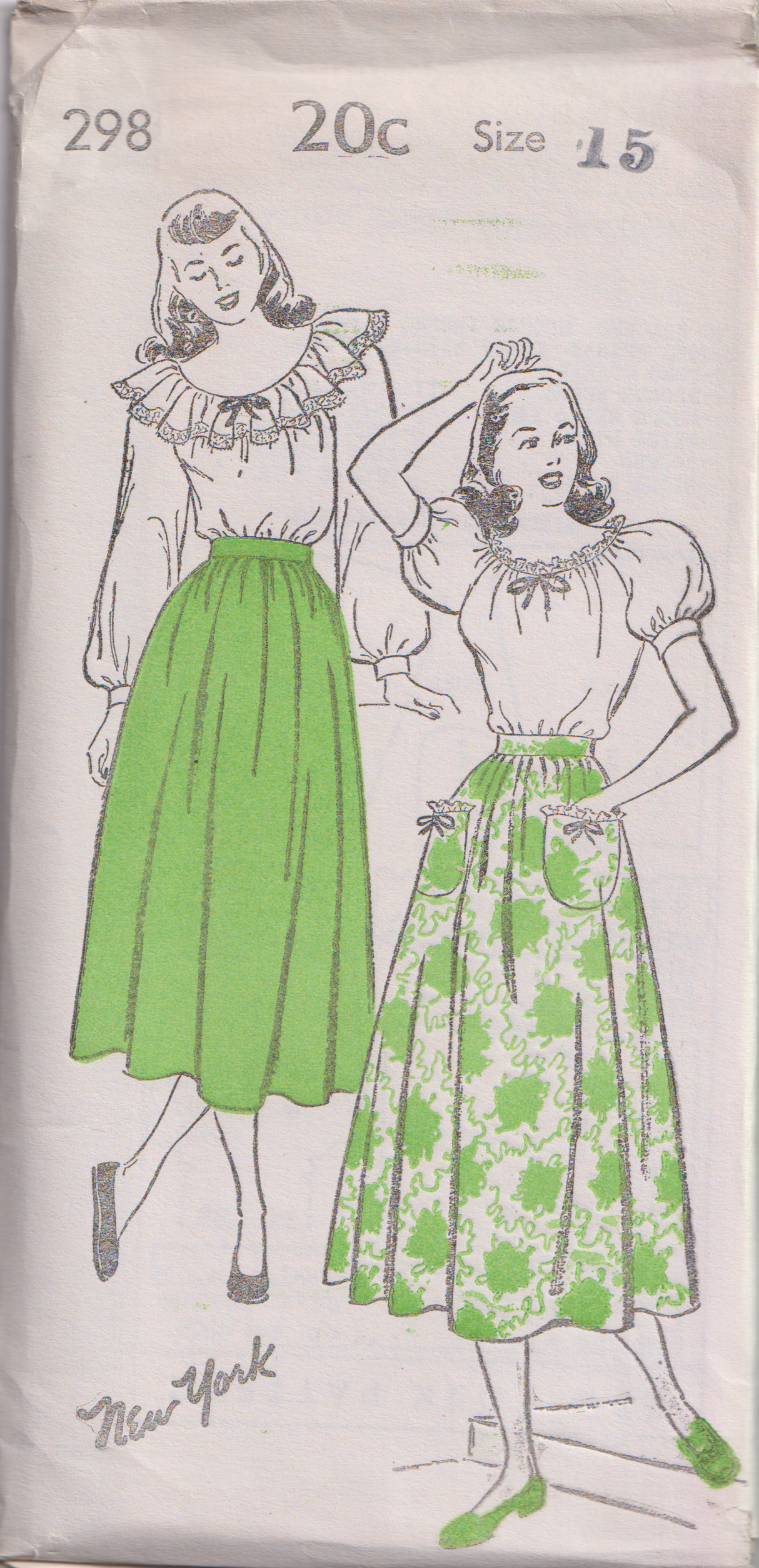 1940's New York Peasant Blouse with Raglan Sleeves and Skirt Pattern - Bust 29-33" - No. 298