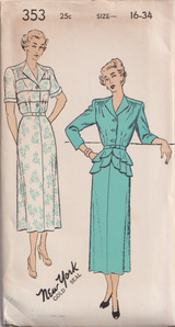 1940's New York Dress with Peplum Skirt - Bust 32-34" - No. 353