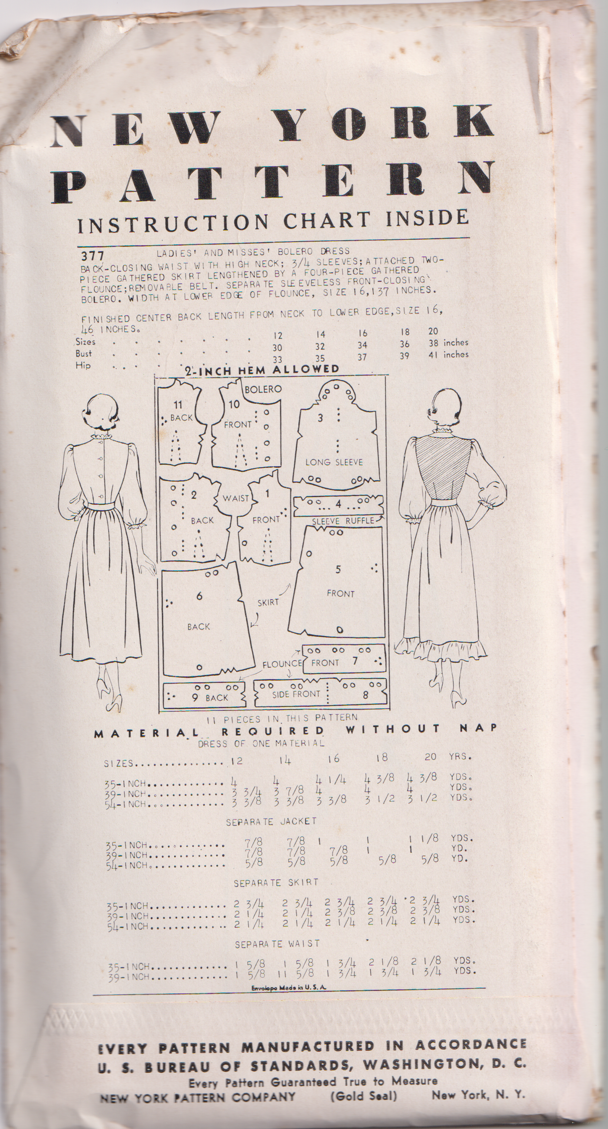 1940's New York High neckline Fit and Flare Dress with Elbow length Sleeves and Vest Pattern - Bust 32-36" - No. 377