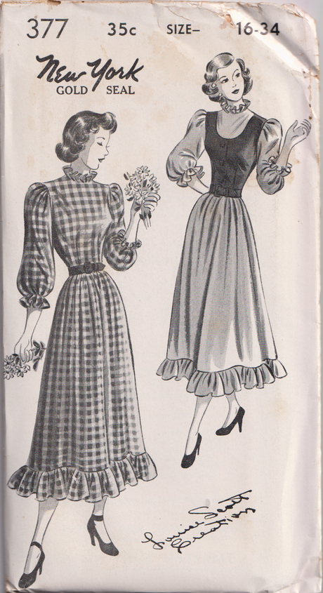 1940's New York High neckline Fit and Flare Dress with Elbow length Sleeves and Vest Pattern - Bust 32-36" - No. 377