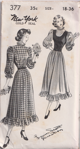 1940's New York High neckline Fit and Flare Dress with Elbow length Sleeves and Vest Pattern - Bust 32-36" - No. 377