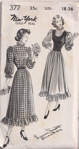 1940's New York High neckline Fit and Flare Dress with Elbow length Sleeves and Vest Pattern - Bust 32-36" - No. 377