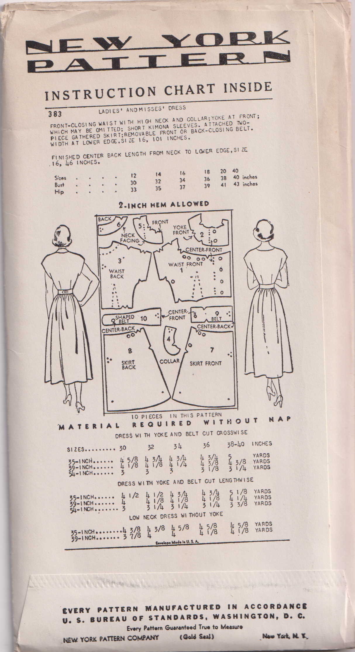 1940's New York Shirtwaist Dress with Fitted Waist and Large Yoke - Bust 32-36" - No. 383