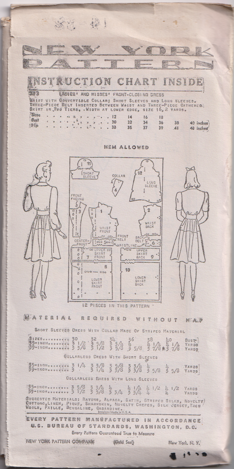 1940's New York Dress Pattern with fitted waist and gathered skirt  - Bust 32-36" - No. 533