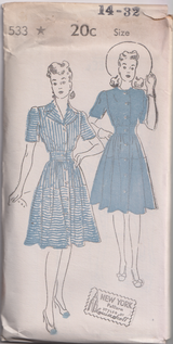 1940's New York Dress Pattern with fitted waist and gathered skirt  - Bust 32-36" - No. 533