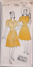 1940's New York Dress Pattern with fitted waist and gathered skirt  - Bust 32-36" - No. 533