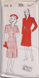 1940's New York Two Piece Dress Pattern - Bust 30-32" - No. 596