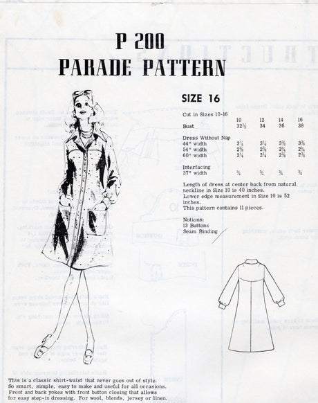1970's Mail Order Button Up Dress Pattern - Bust 38" - No. P 200