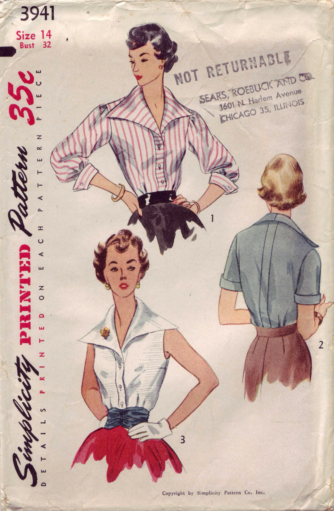 1950's Simplicity Blouse with oversize Collar and Cummerbund Pattern - Bust 32" - No. 3941