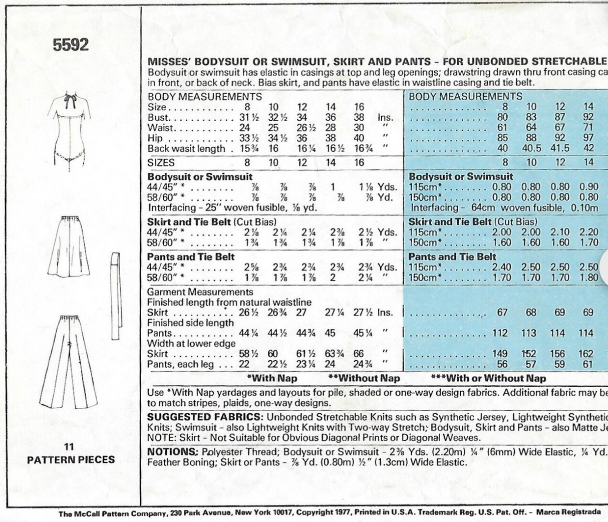 1970's McCall's Bodysuit, Swimsuit, Skirt and Pants Pattern  - Bust 38" - No. 5592