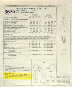 1970's McCall's Pinafore or Ruffle Sleeve Overalls Pattern  - Bust 32-33.5" - No. 3675