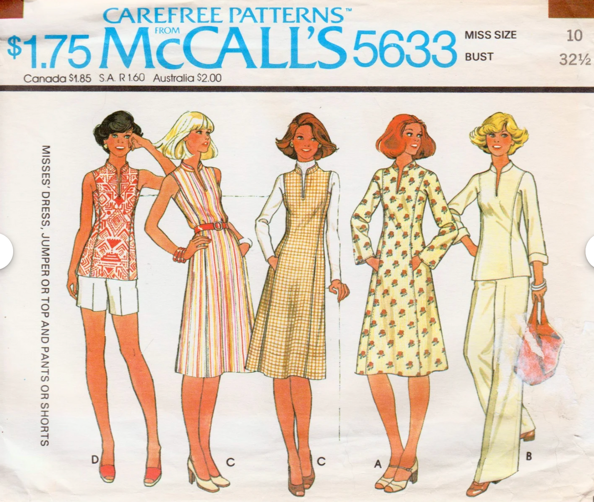 1970's McCall's Princess Line Dress or Tunic and Pants or Shorts Pattern  - Bust 34-36" - No. 5633