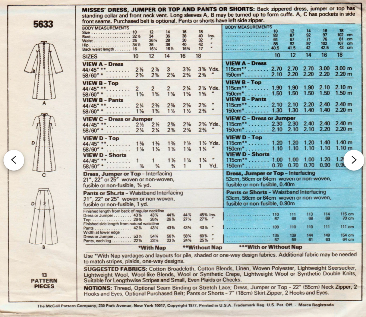 1970's McCall's Princess Line Dress or Tunic and Pants or Shorts Pattern  - Bust 34-36" - No. 5633