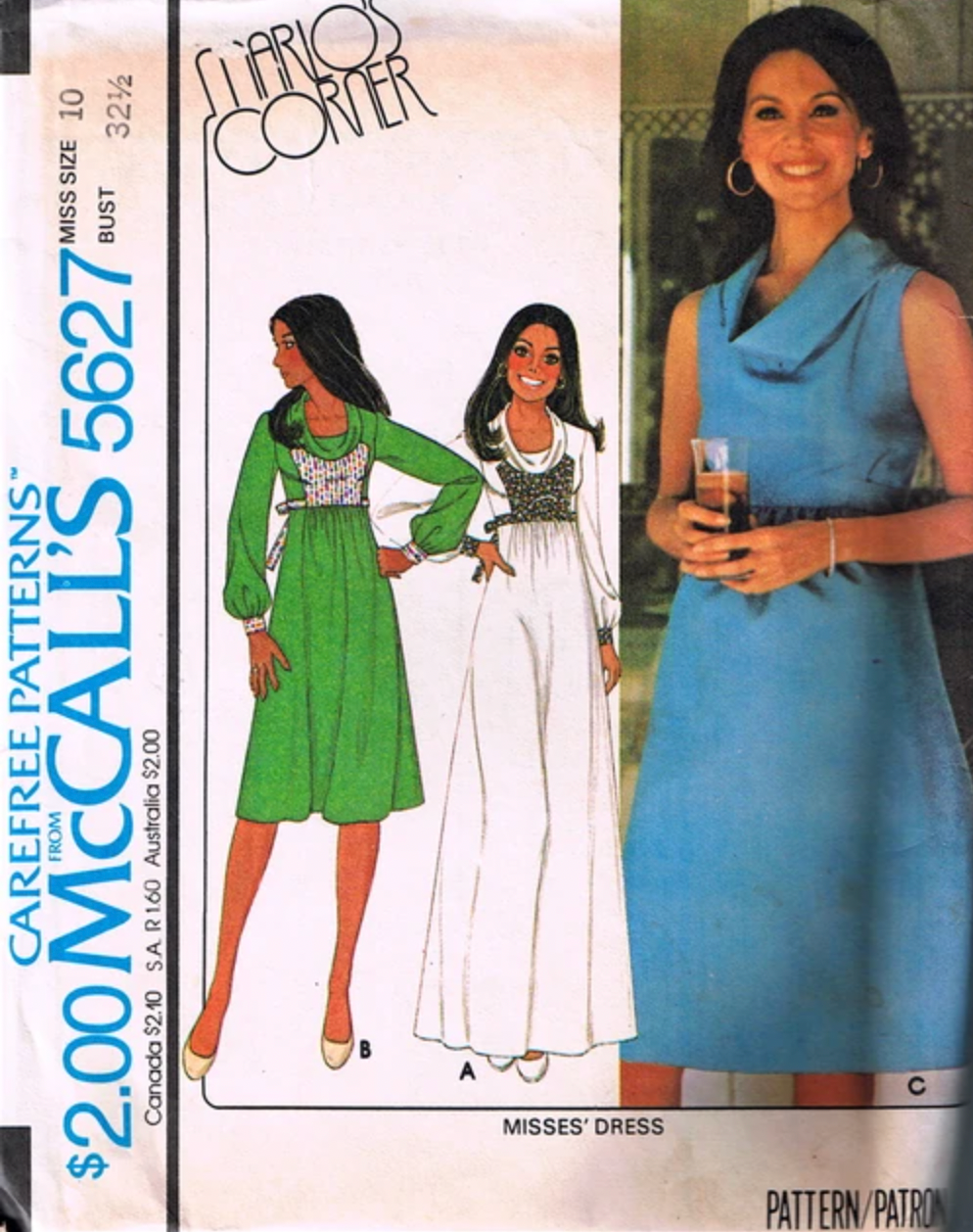 1970's McCall's Maxi or Midi Pullover Cowl Neck Dress or Tunic Pattern with or without Sleeves  - Bust 31.5-36" - No. 5627