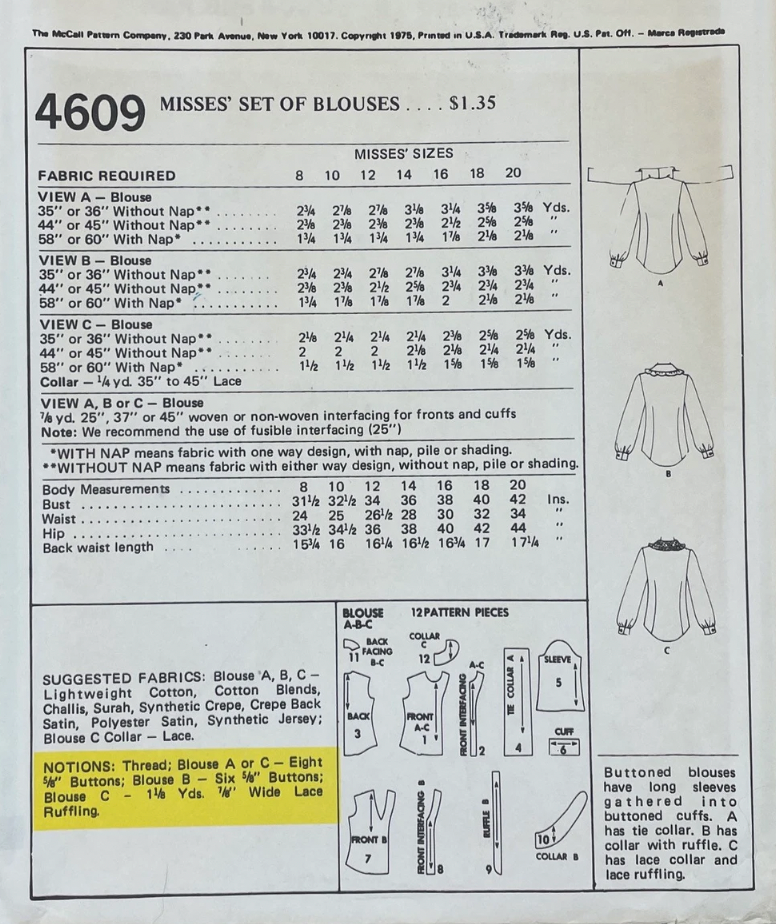 1970's McCall's Button Up Blouse Pattern with Large Collar - Bust 32.5" - No. 4609