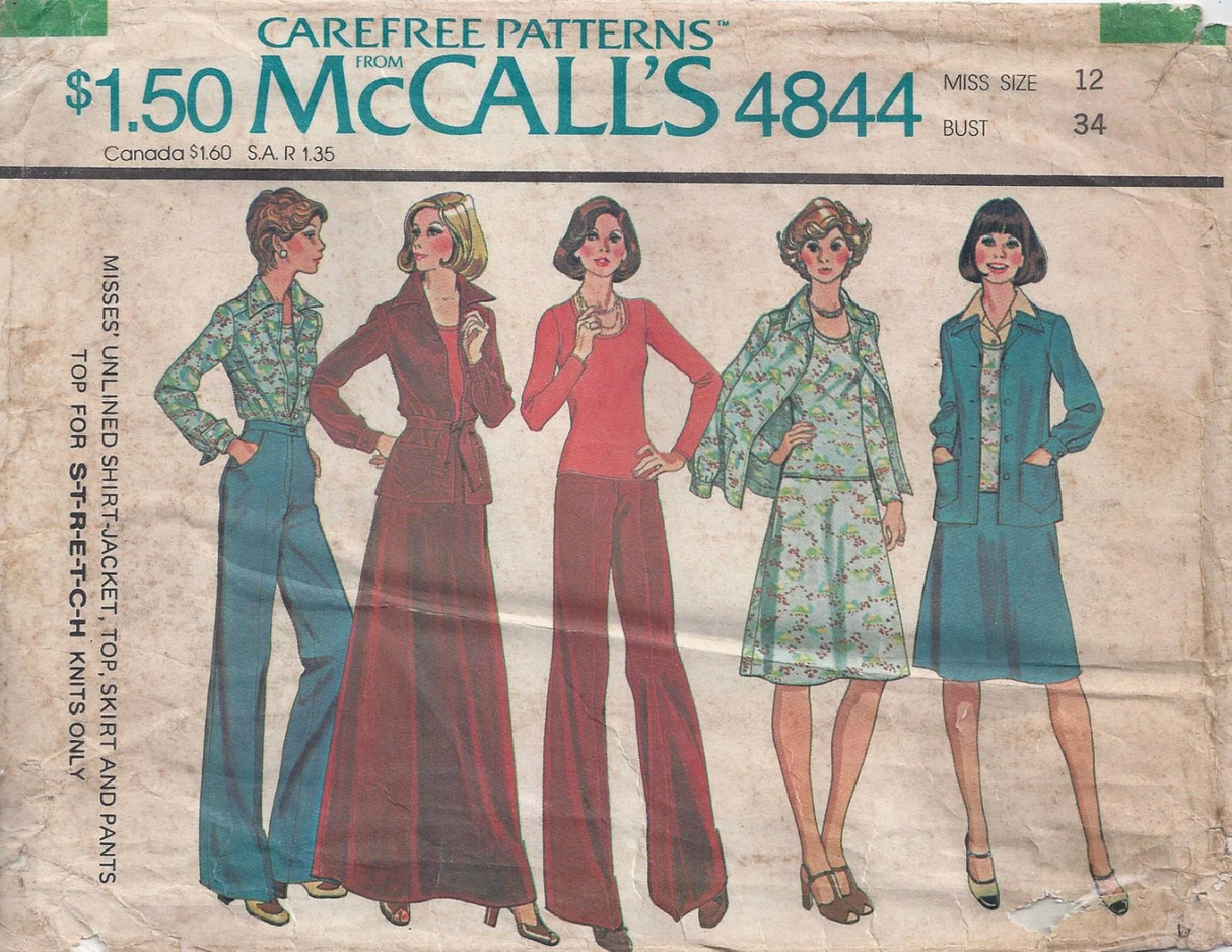 1970's McCall's Unlined Shirt-Jacket, Top, Skirt and Pants pattern  - Bust 34" - No. 4844