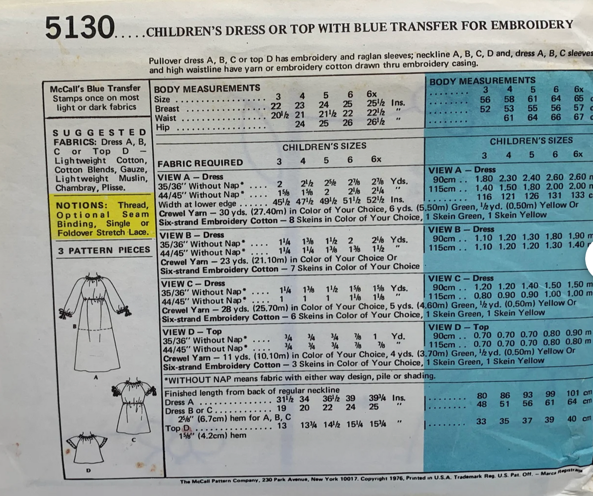 1970's McCall's Child's Pullover Dress and Pants pattern  - Chest 23-25" - No. 5130