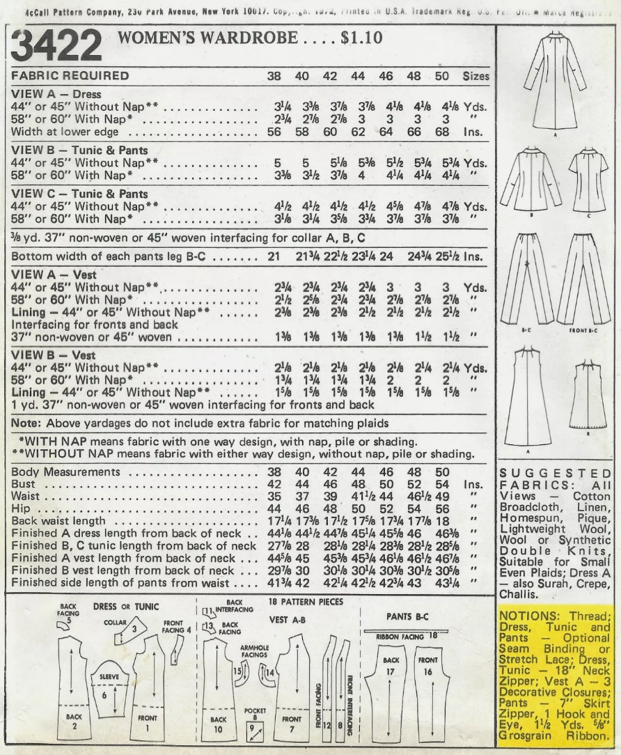 1970's McCall's Dress, Tunic, Vest and Pants pattern  - Bust 46" - No. 3422