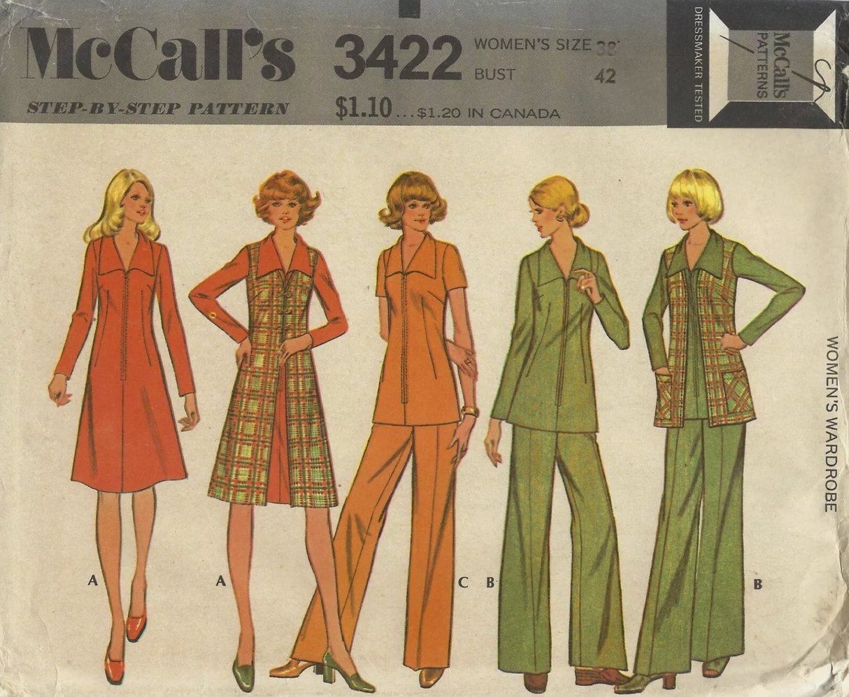 1970's McCall's Dress, Tunic, Vest and Pants pattern  - Bust 46" - No. 3422