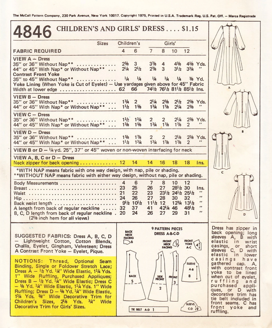 1970's McCall's Child's Yoked Dress in Two Lengths pattern  - Chest 23-30" - No. 4846