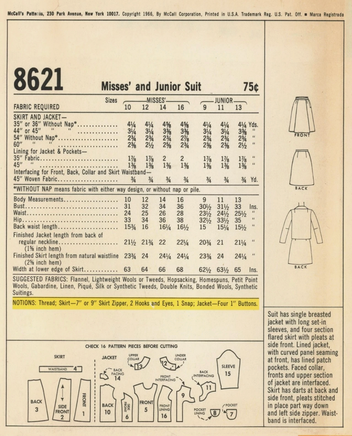 1960's McCall's Princess Line Suit Dress pattern - Bust 36" - No. 8621