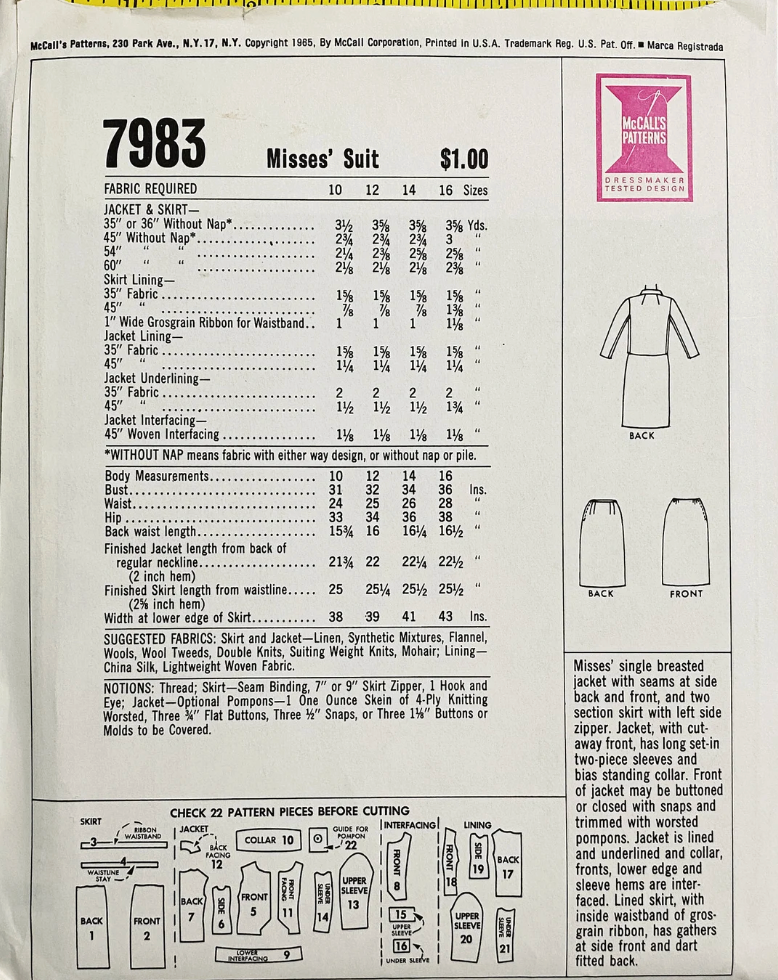 1960's McCall's Designer Suit Dress pattern - Bill Blass - Bust 36" - No. 7963