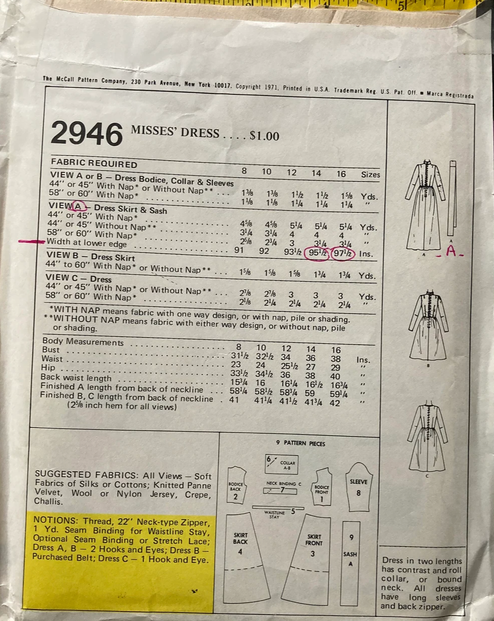 1970's McCall's Dress in two lengths pattern  - Bust 34-36" - No. 2946