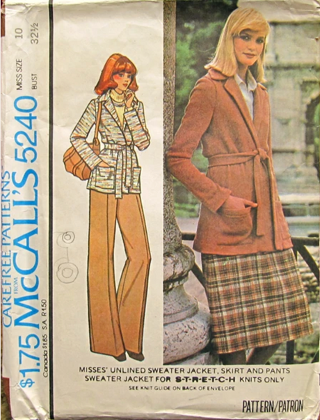 1970's McCall's Unlined Sweater Jacket, Skirt and Pants pattern  - Bust 42" - No. 5240