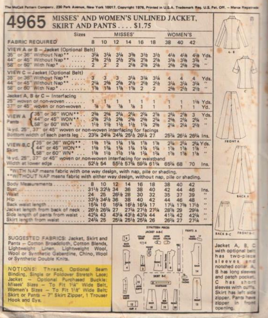 1970's McCall's Unlined Jacket, Skirt and Pants pattern  - Bust 46" - No. 4965