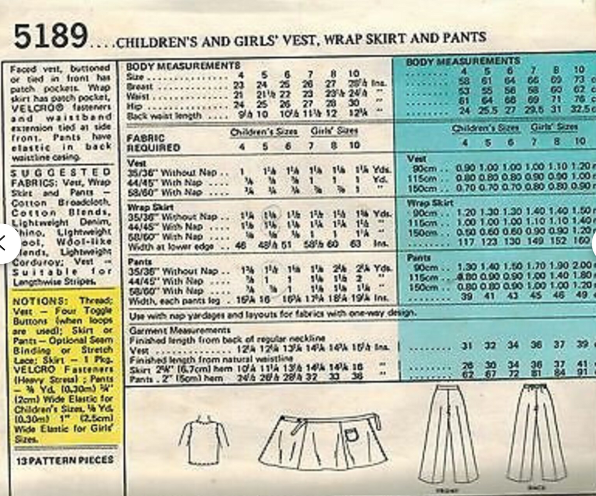 1970's McCall's Child's Wrap Skirt, Vest and Pants pattern  - Chest 23-28.5" - No. 5189