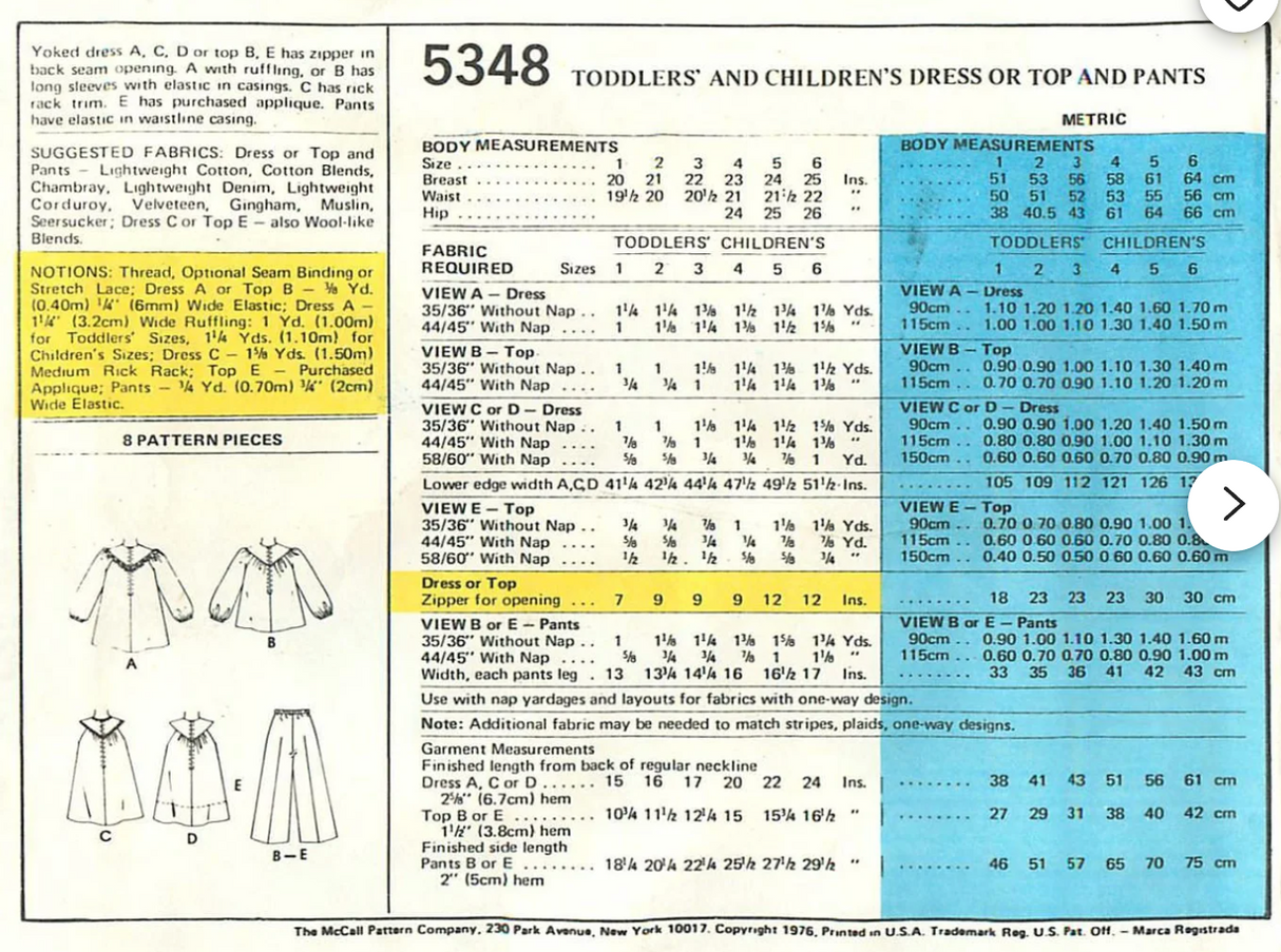 1970's McCall's Child's Dress, Top and Pants pattern  - Chest 20-23" - No. 5348