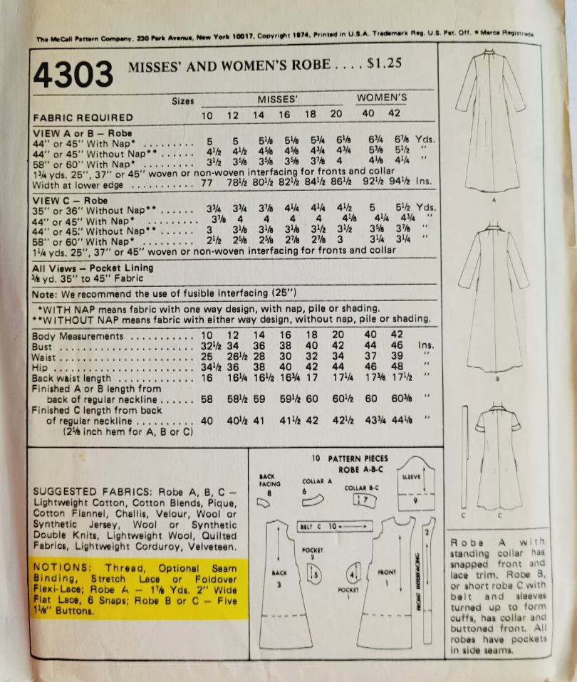 1970's McCall's Robe pattern  - Bust 46" - No. 4303