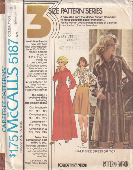 1970's McCall's Button Up Dress or Top pattern  - Bust 43-47" - No. 5187