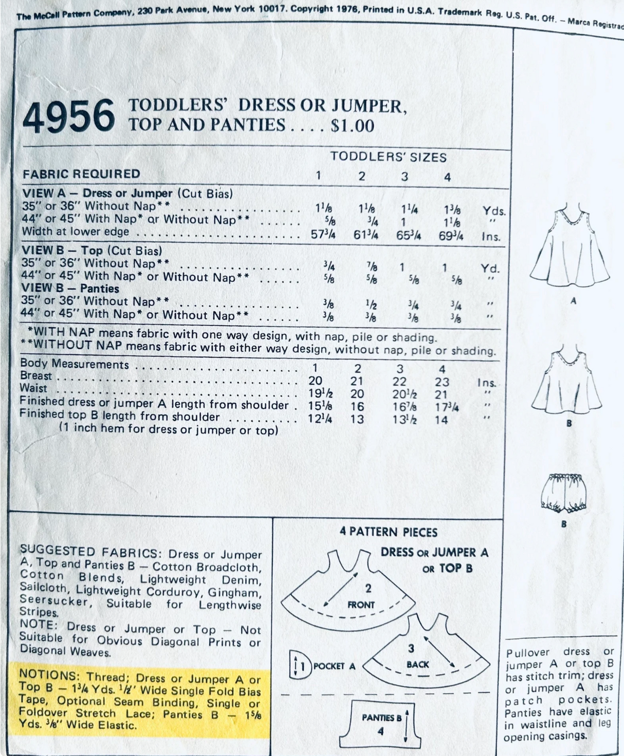 1970's McCall's Child's Dress and Panties pattern  - Chest 23" - No. 4956