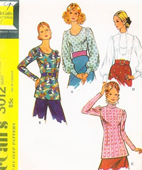 1970's McCall's Zip Back Blouse with High or Scoop Neckline and Two Sleeve Styles Pattern  - Bust 38" - No. 3012