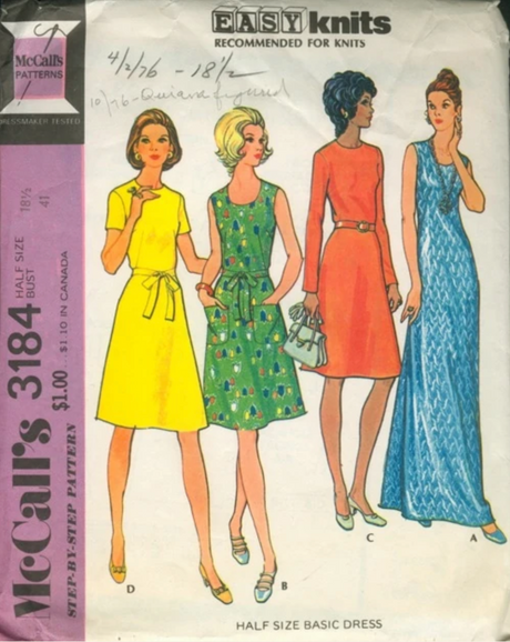 1970's McCall's Scoop Neck Midi or Maxi Dress Pattern  - Bust 41" - No. 3184