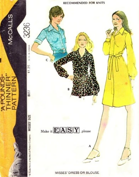 1970's McCall's Button up Blouse, Tunic or Dress Pattern  - Bust 32.5" - No. 3236