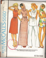 1970's McCall's Dress or Top, Pant or Shorts Pattern with Cowl as Hood - Bust 30.5-42" - no. 5560