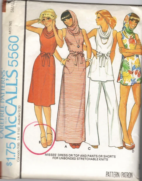 1970's McCall's Dress or Top, Pant or Shorts Pattern with Cowl as Hood - Bust 30.5-42" - no. 5560