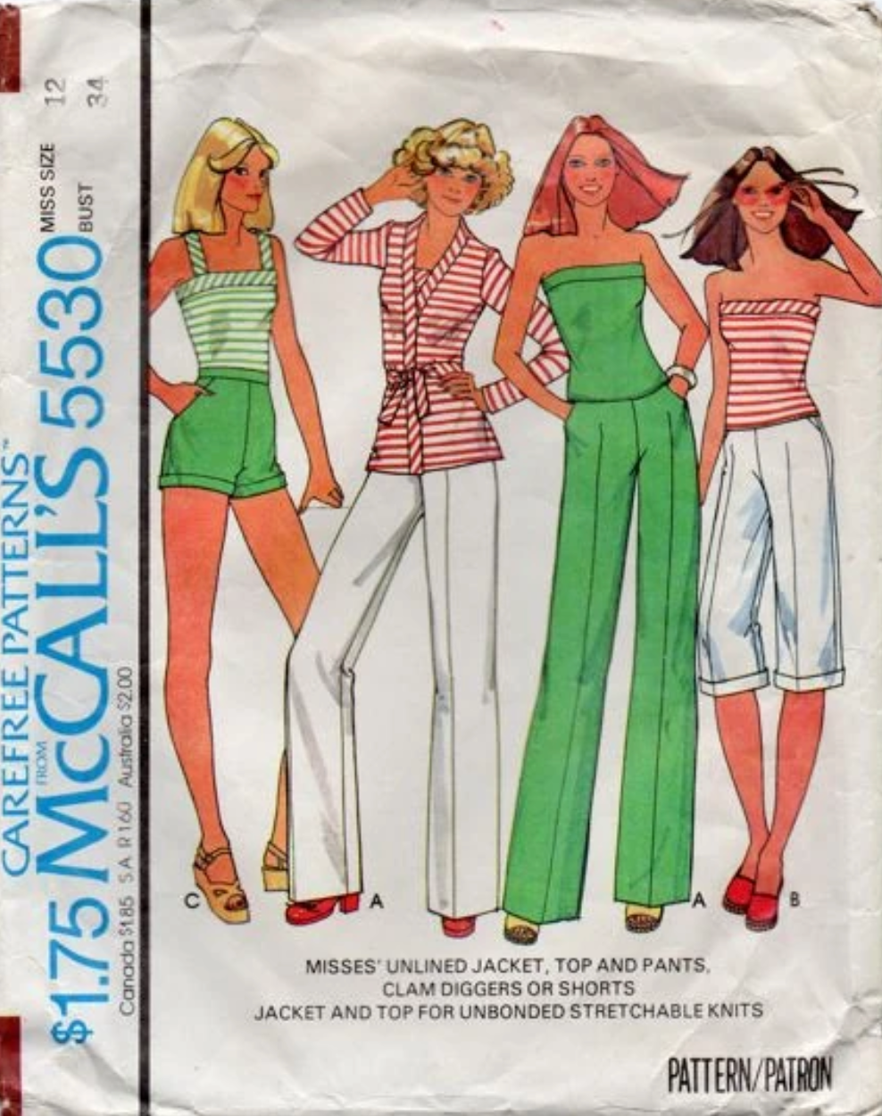 1970's McCall's Unlined Jacket, Top and Pants, Clam Diggers or Shorts pattern - Bust 32.5-38" - no. 5330