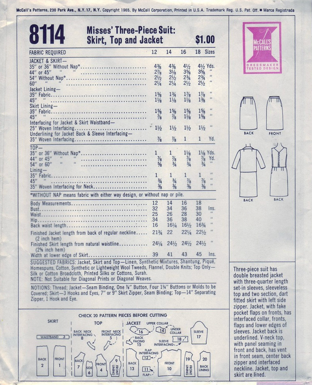 1960's McCall's Designer Suit Dress pattern -Laird-Knox - Bust 36" - No. 8114