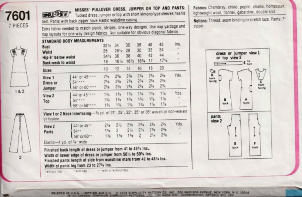 1970's Simplicity Princess Line Pullover Dress, Top and Pants pattern - Bust 38" - No. 7601