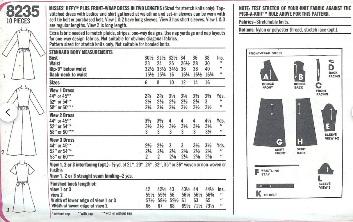 1970's Simplicity Front Wrap Dress pattern - Bust 38" - No. 8235