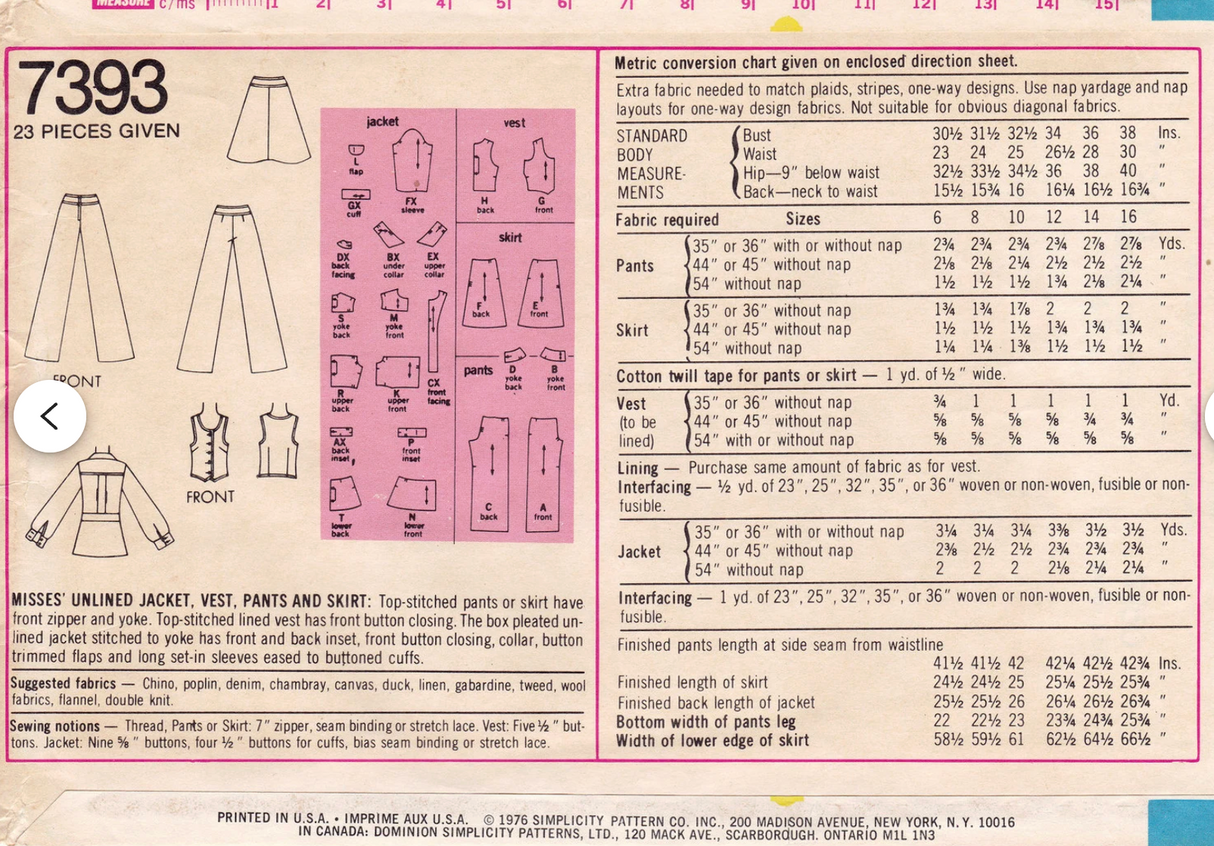 1970's Simplicity Unlined Jacket, Vest, A-line Skirt and Pants pattern - Bust 38" - No. 7393