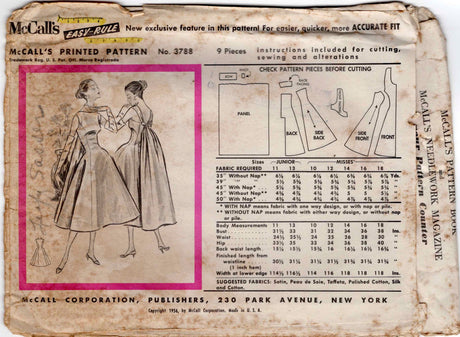 1950's McCall's GIVENCHY Fit and Flare Princess Line Dress Pattern with Large Drape Accent - Bust 31" - No. 3788