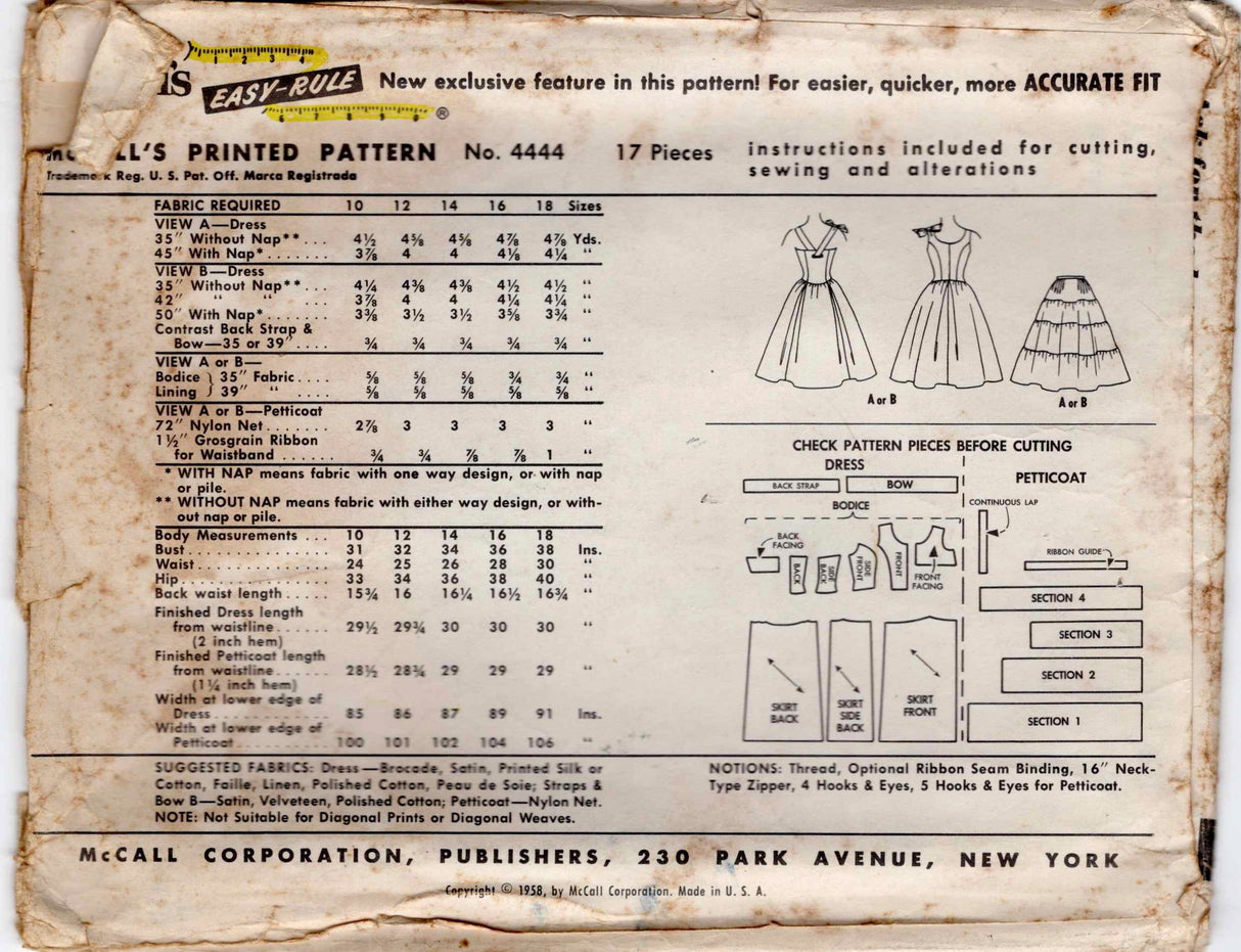 1950's McCall's GIVENCHY Fit and Flare Princess Line Dress Pattern with Back Accent Strap - Bust 31" - No. 4444