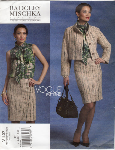 2000's Vogue American Designer BADGLEY MISCHKA Skirt Suit and Bow Neck Blouse Pattern - Bust 36-42